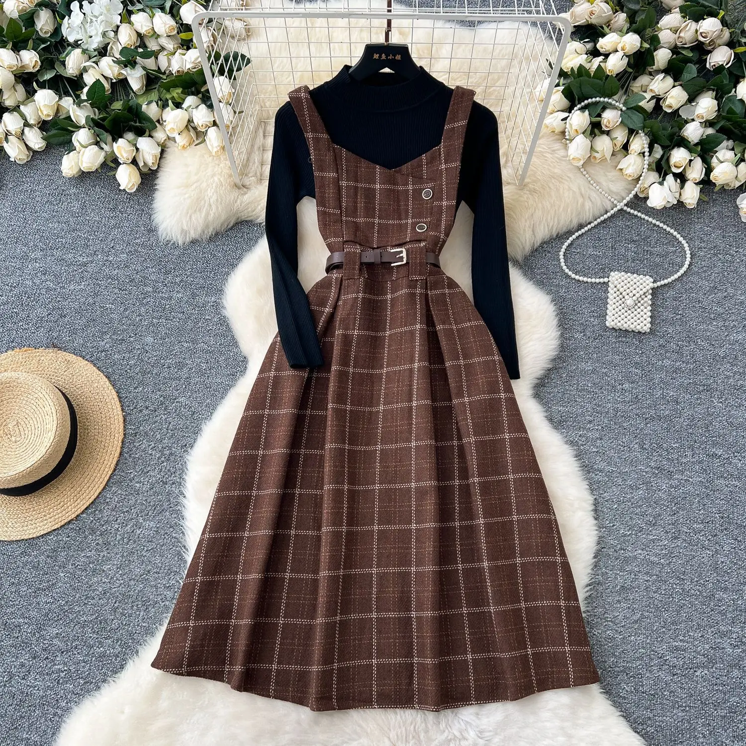 

Long Dress Women Dresses A Line Sling Vestidos Two Piece Set Y2k Streetwear Slim Fit Tight Waist Knitted Elegant Splice Work