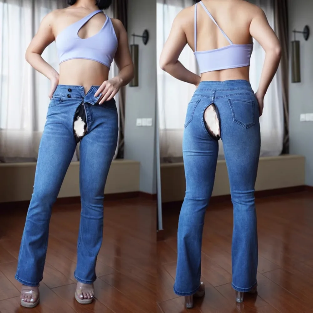 

Outdoor Open Crotch Boyfriend Jeans Zipper Pants Boot Cut Women Pants Couple Dating Convenient Bell-Bottom Pants Denim Trousers