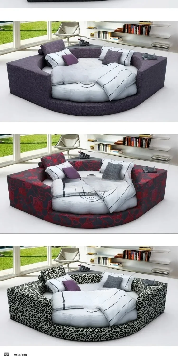 Y round Bed Fabric Double Fashion Princess Modern round Marriage Bed Inner Circle Outer Square