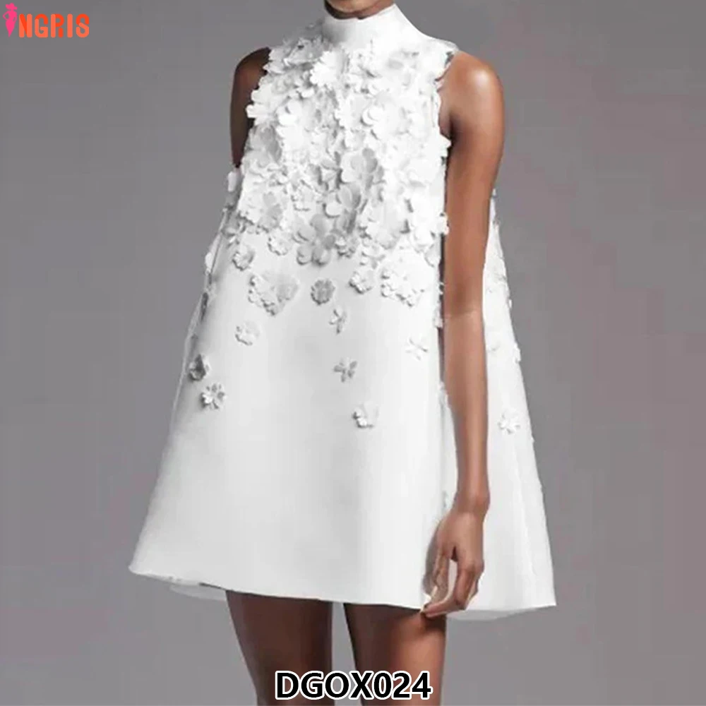 

2025 New Design Stand Collar Loose Short Skirt Sense Beaded Three-dimensional Flower Sleeveless Dress Women-DGOX024