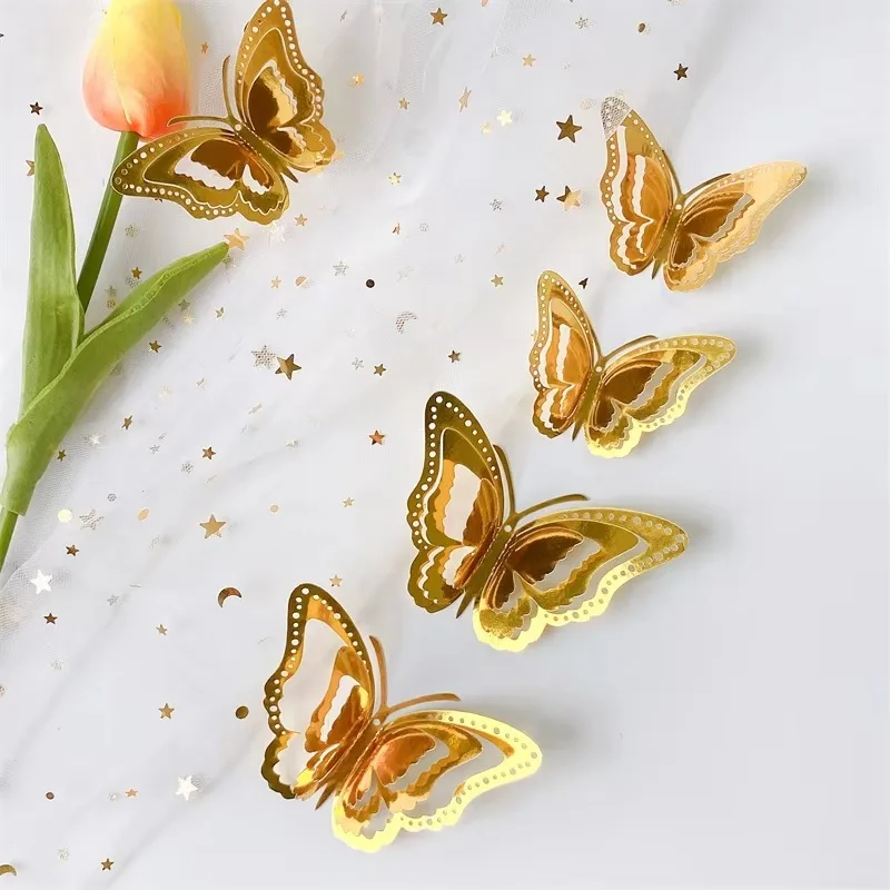 New 3D Hollow Layered Butterfly Wall Sticker Gold Decorative Butterfly for Home Decor Fridge DIY Party Wedding Sticker