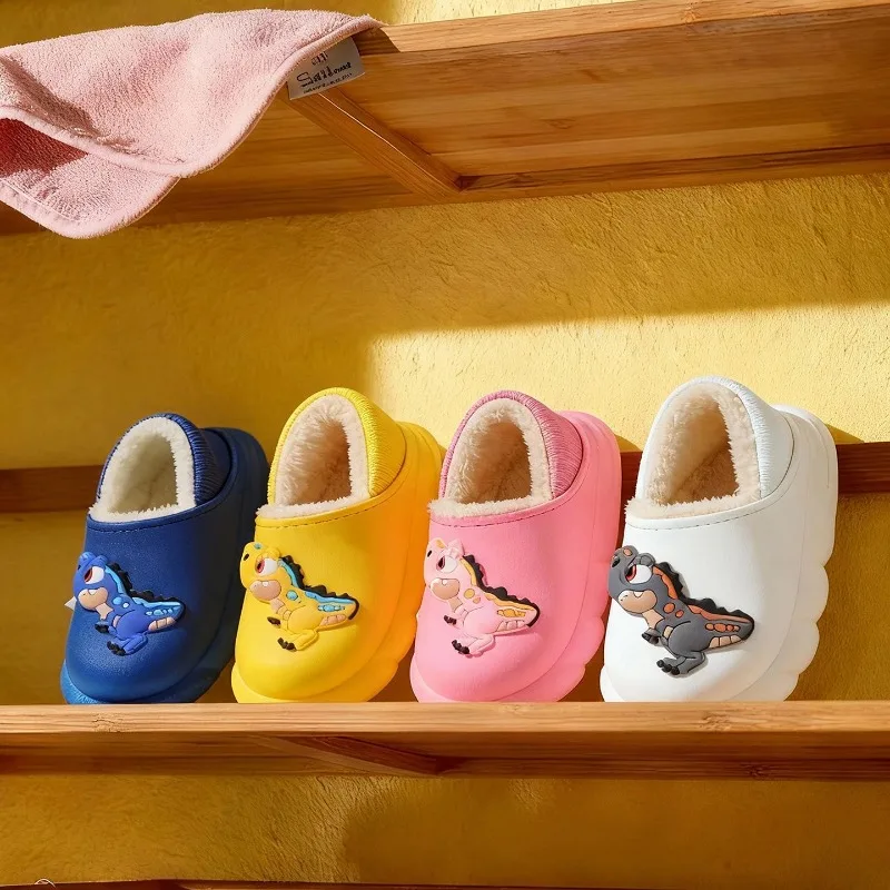 

Children's Plush Slippers Closed Back Thick Fleece Lined Non Slip Waterproof Indoor Home Shoes Cute Design Parent Child Pair
