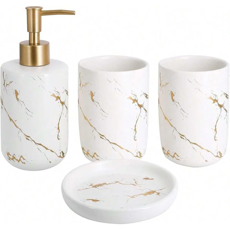 

Qulable Cream Bathroom Accessories Set Complete, 4 Pcs Ceramic Bathroom Drations Accessories Se Includes Lotion Dispenser, 2 Tu