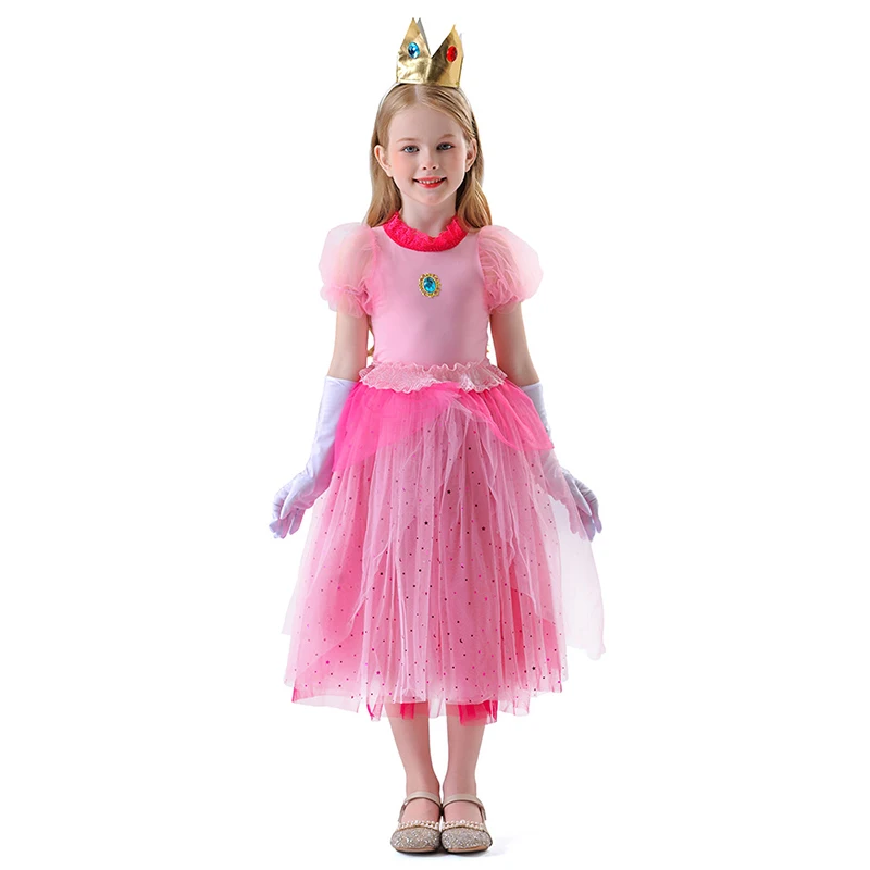 

2025 New Arrival Child Pink Super Princess Girl Peach Dress Halloween Costume With Gloves Crown Set Princess Peach Girl Costume