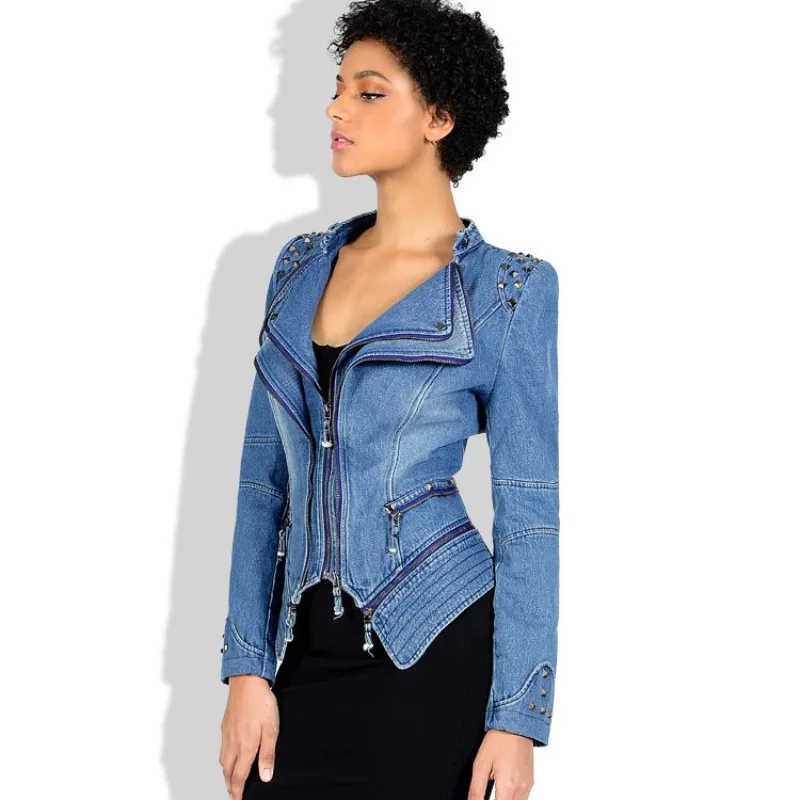 

Women's Jacket, Denim Coat, Slim Fit, Shoulder Shrugs, Rivet Zipper Splicing