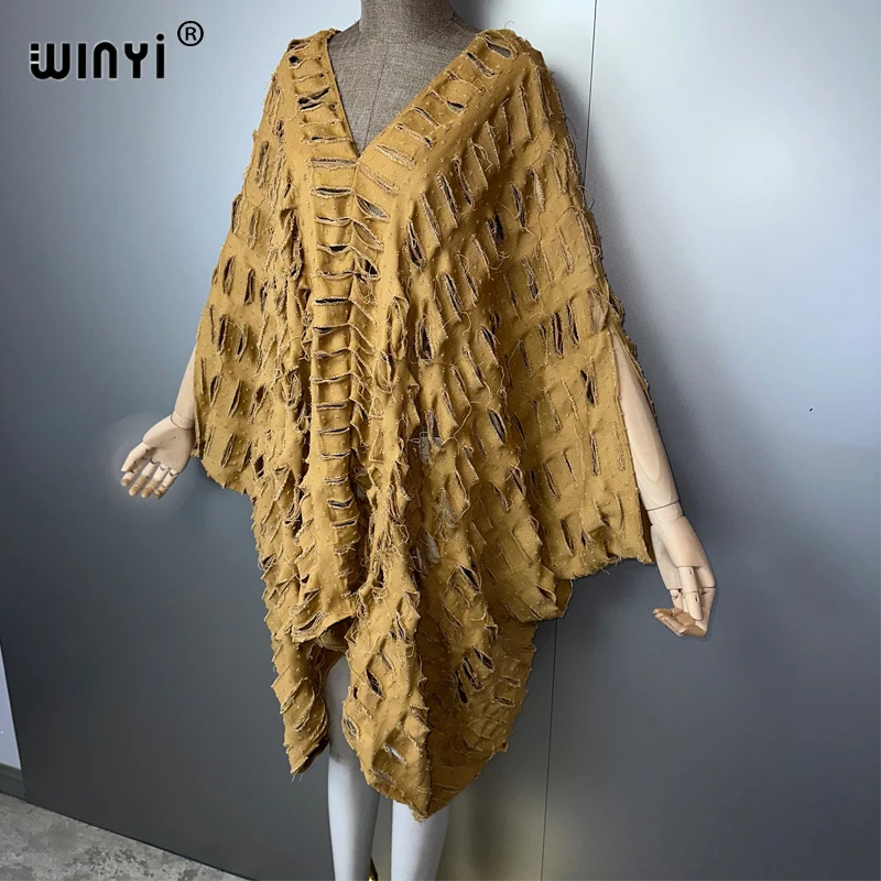 WINYI Original V neck denim sexy short dress with holes New Fashion Africa Womens party holiday Casual Maxi beach dress