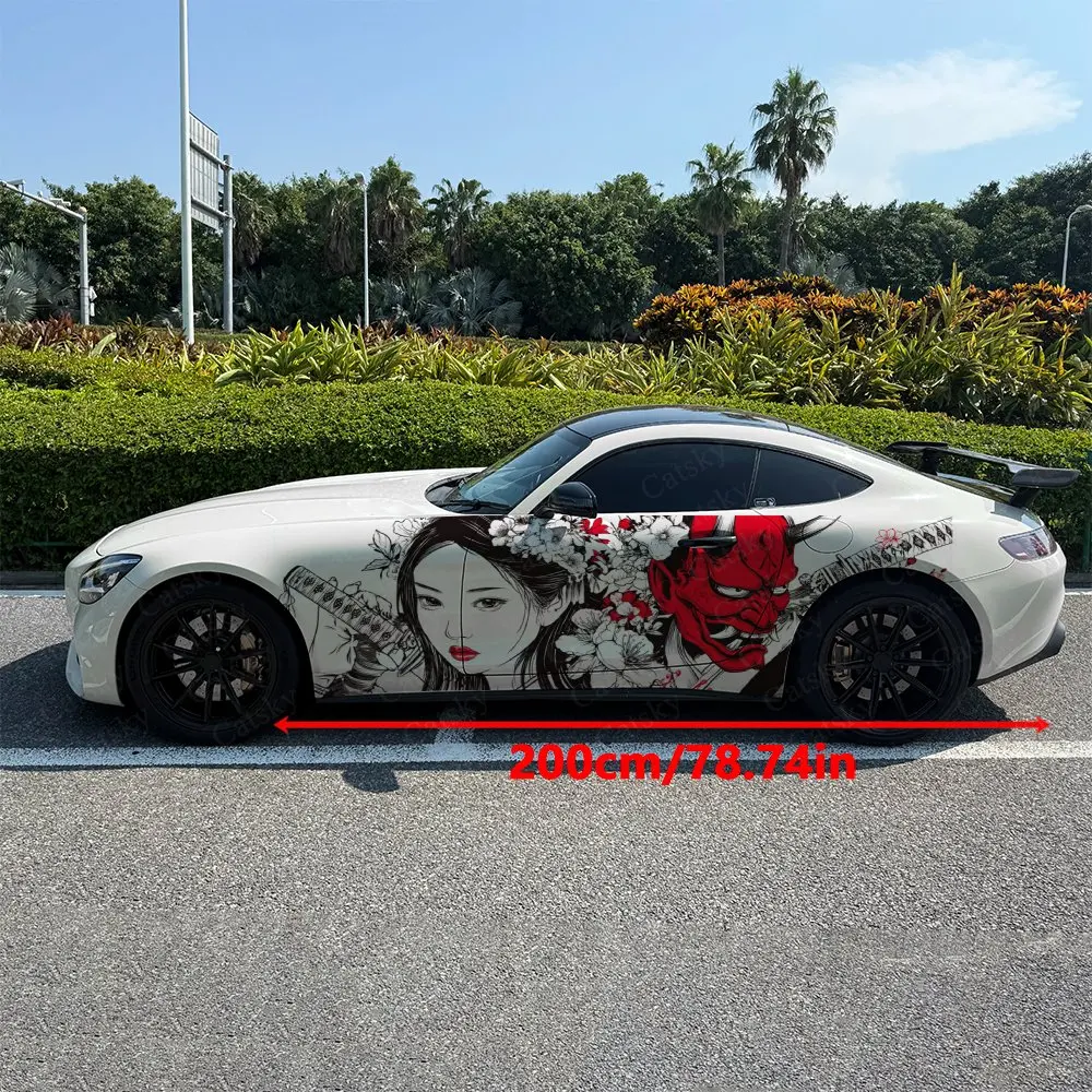 2pcs Red Splatter Style Samurai Maiden & Sakura Car Side Wraps, Self-Adhesive PVC Waterproof & Scratch-Resistant Stickers