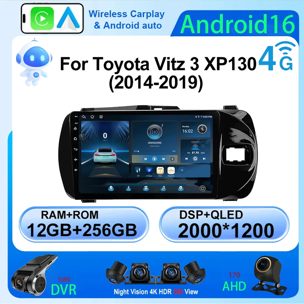 

LJZN Android 16 Auto Carplay для Toyota Vitz 3 XP130 2014-2019, автомобильный мультимедийный видеоплеер, автомагнитола, GPS-стереосистема 2Din, DVD, 5G