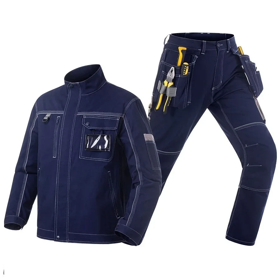 100% Cotton Working Clothing Suit Set Men\'s Multi-pockets Cargo Work Trousers Welding Suit Work Denim Pants Reflective 5XL