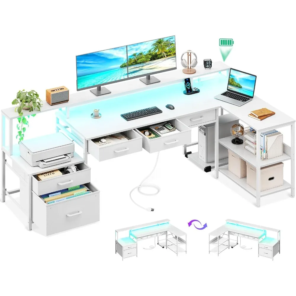 

L Shaped Desk with 5 File Drawers, 75" Reversible L Shaped Computer Desk with Power Outlet & LED Strip, Office Desk with Storag