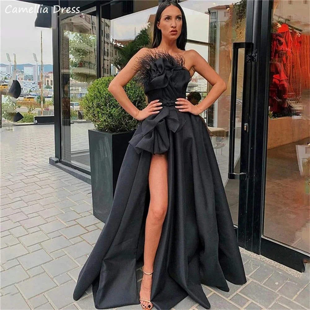 Elegant Black High Split Evening Dresses 2023 Strapless Feather Draped Satin Prom Dress Custom Made Formal Party Gown فستان سهرة