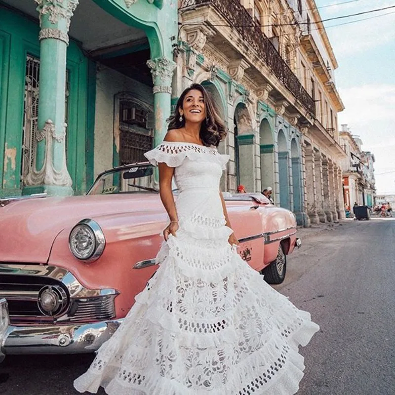 

Summer New European American Foreign Trade Women's Clothing One-word Shoulder Ruffle Edge Hollow Pendulum Lace Dress Long Dress