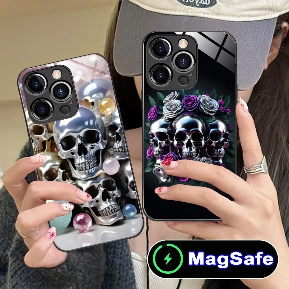 

Чехол для мобильного телефона с серебряным черепом для iPhone 16, 15, 14, 13, 12, 11 Pro Max Plus Mini MagSafe, защитный чехол для смартфона цвета