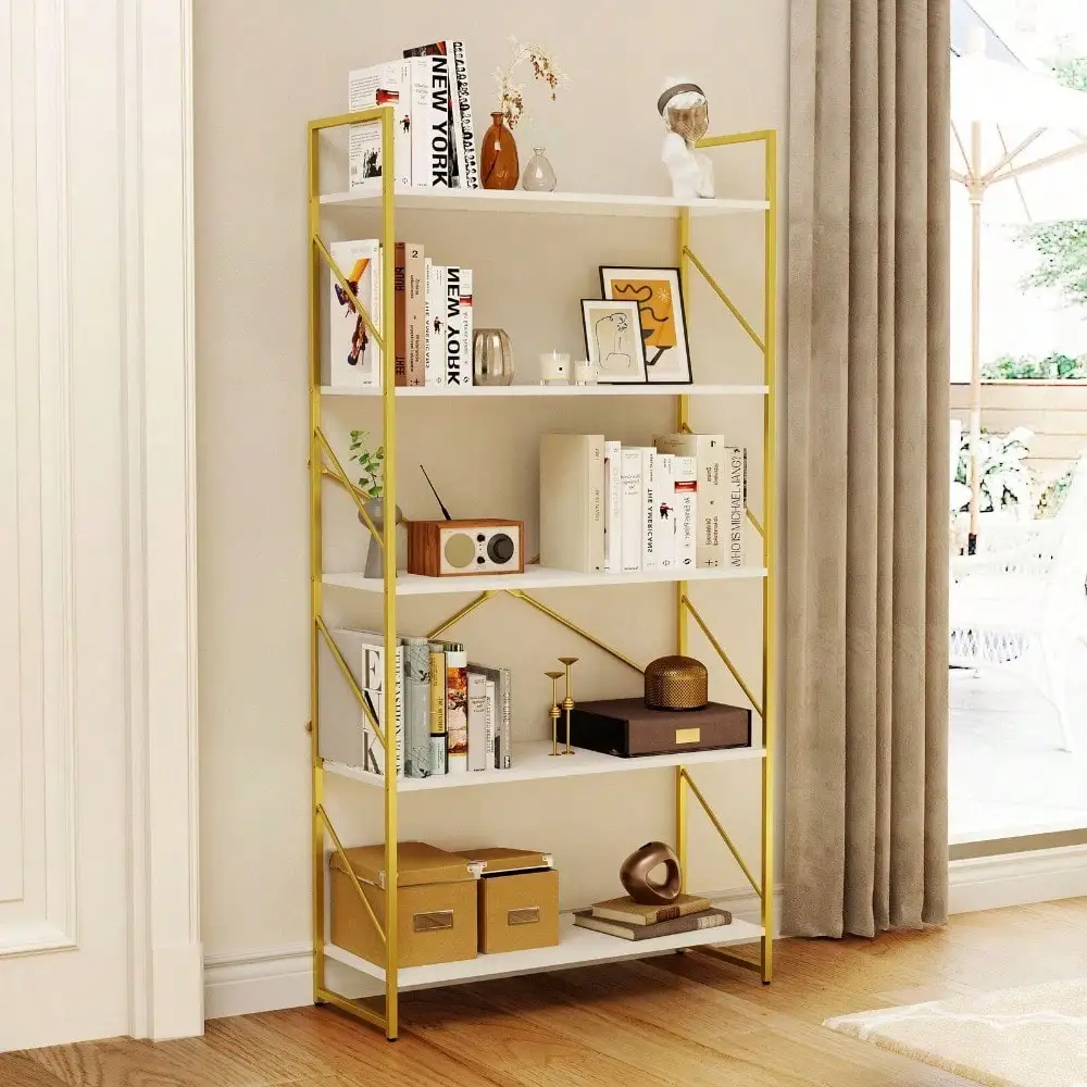 5-Tier Ladder Shelf Gold Bookshelf Bookcase Storage Rack Plant Flower Stand