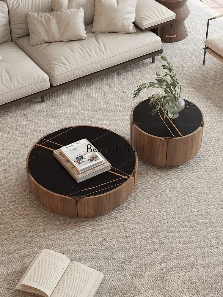 

06Solid wood coffee table combination household living room round small apartment light luxury rock slab round coffee table