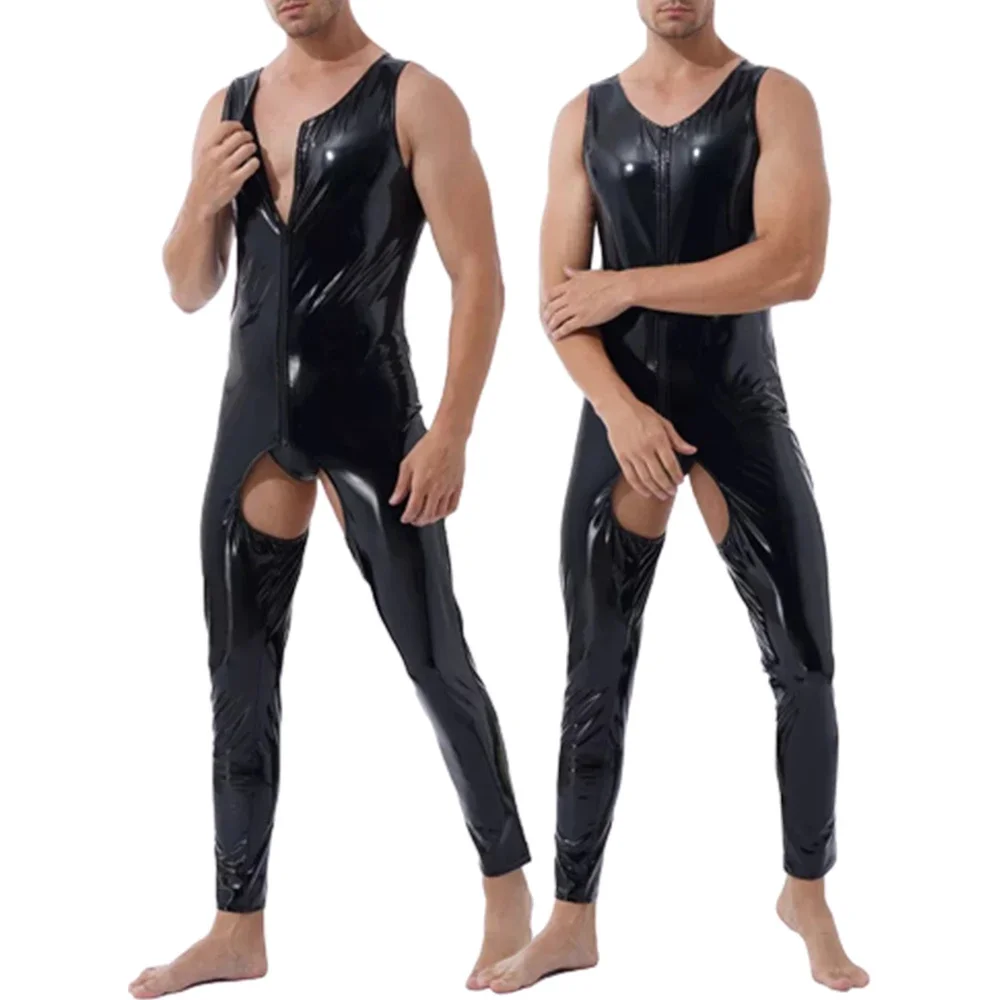 

Zipper Faux Leather Night Clubwear Bodysuits Men Stage Performance Sexy Open Crotch Latex Tight Bodysuit Jumpsuit Fetish Catsuit