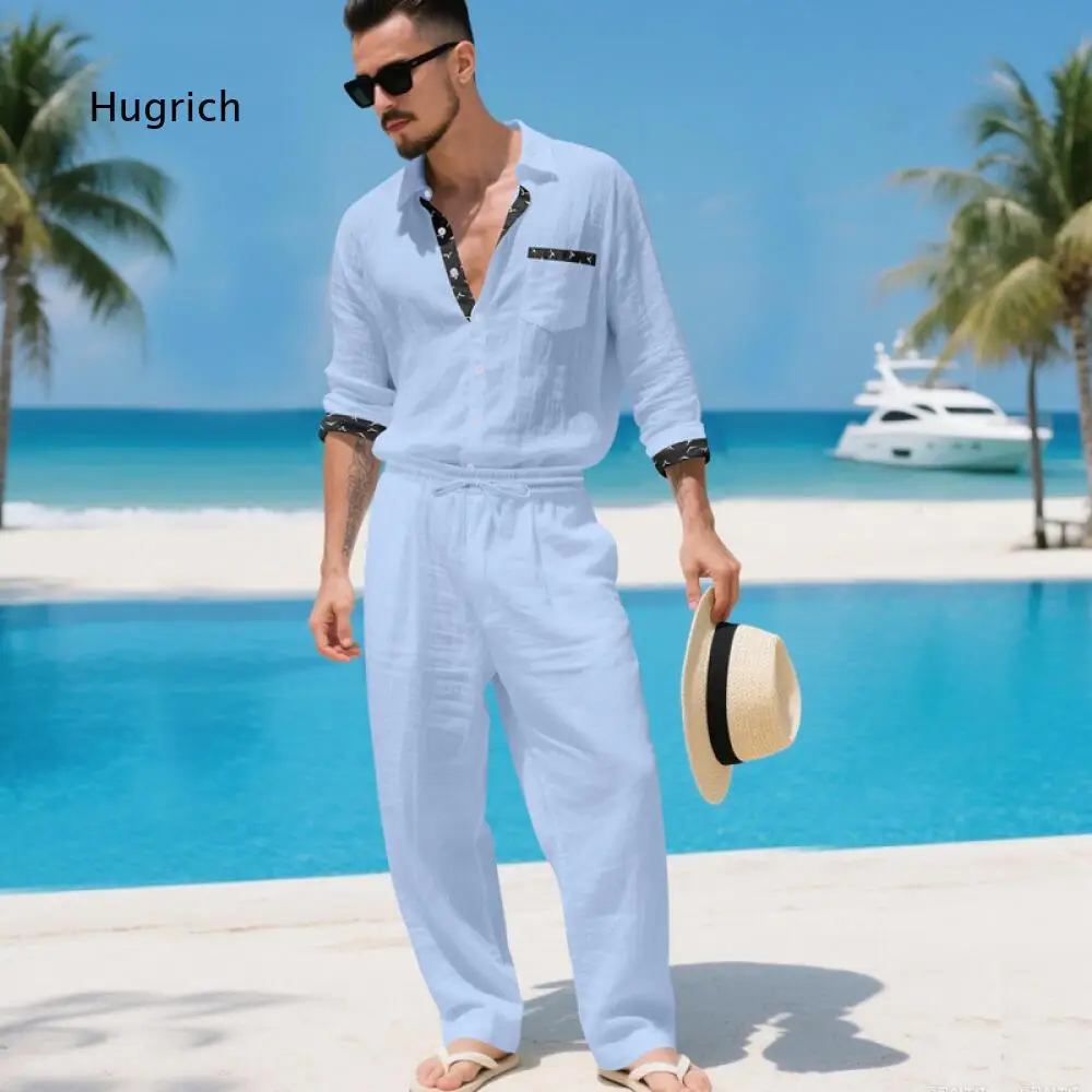 Lapel Collar Long Sleeve Button Front Shirt And Drawstring Waist Long Trousers Matching Set For Men For Casual Beach Daily Wear