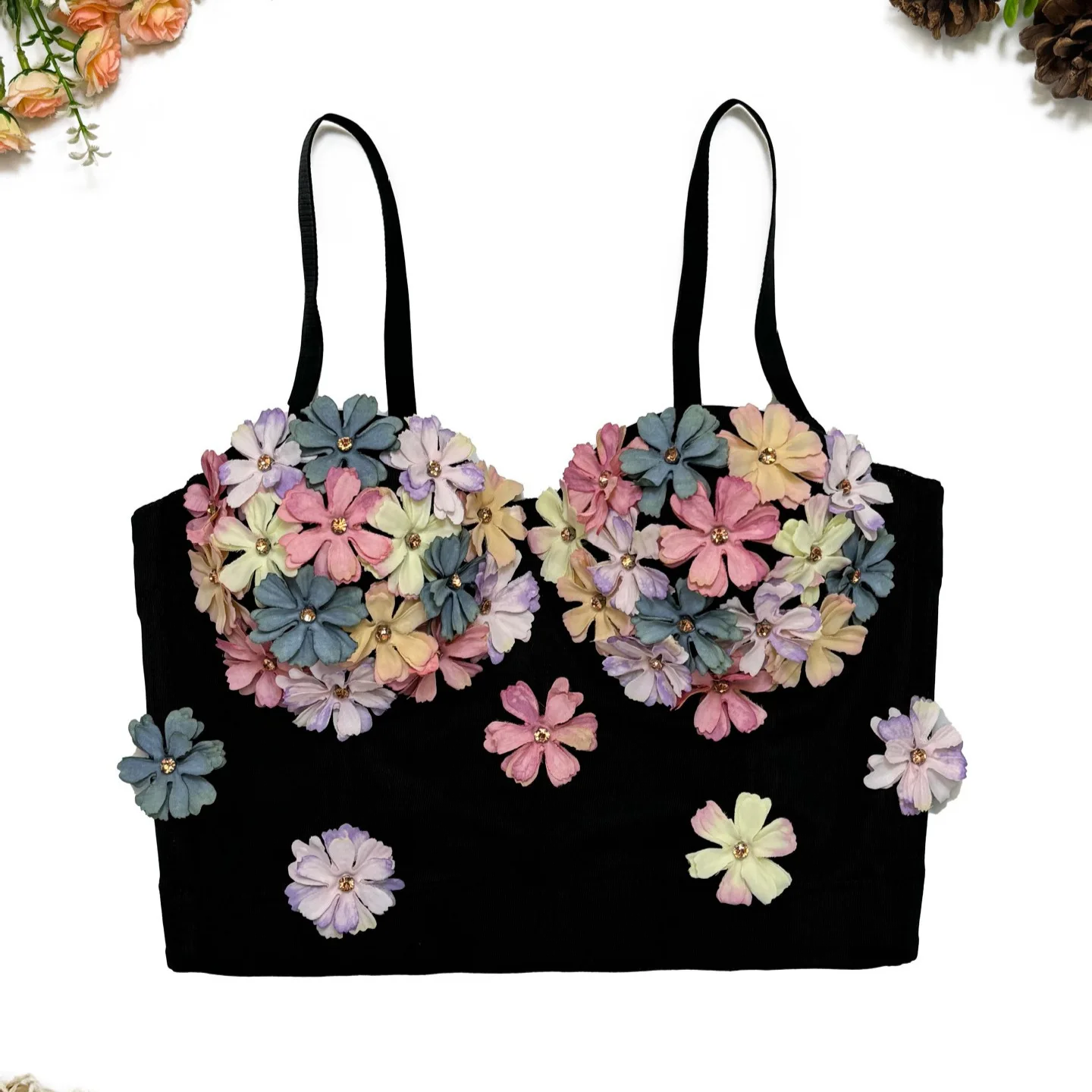 customized women's handmade three-dimensional flower with high-end cute sweet style paired with fishbone bra vest and suspender