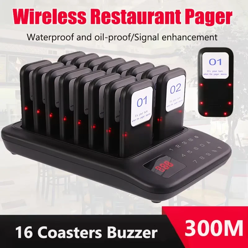 

Wireless Restaurant Pager Queue Paging System 16 Beepers Customer Calling System for Cafe Coffee Dessert Shop Food Truck