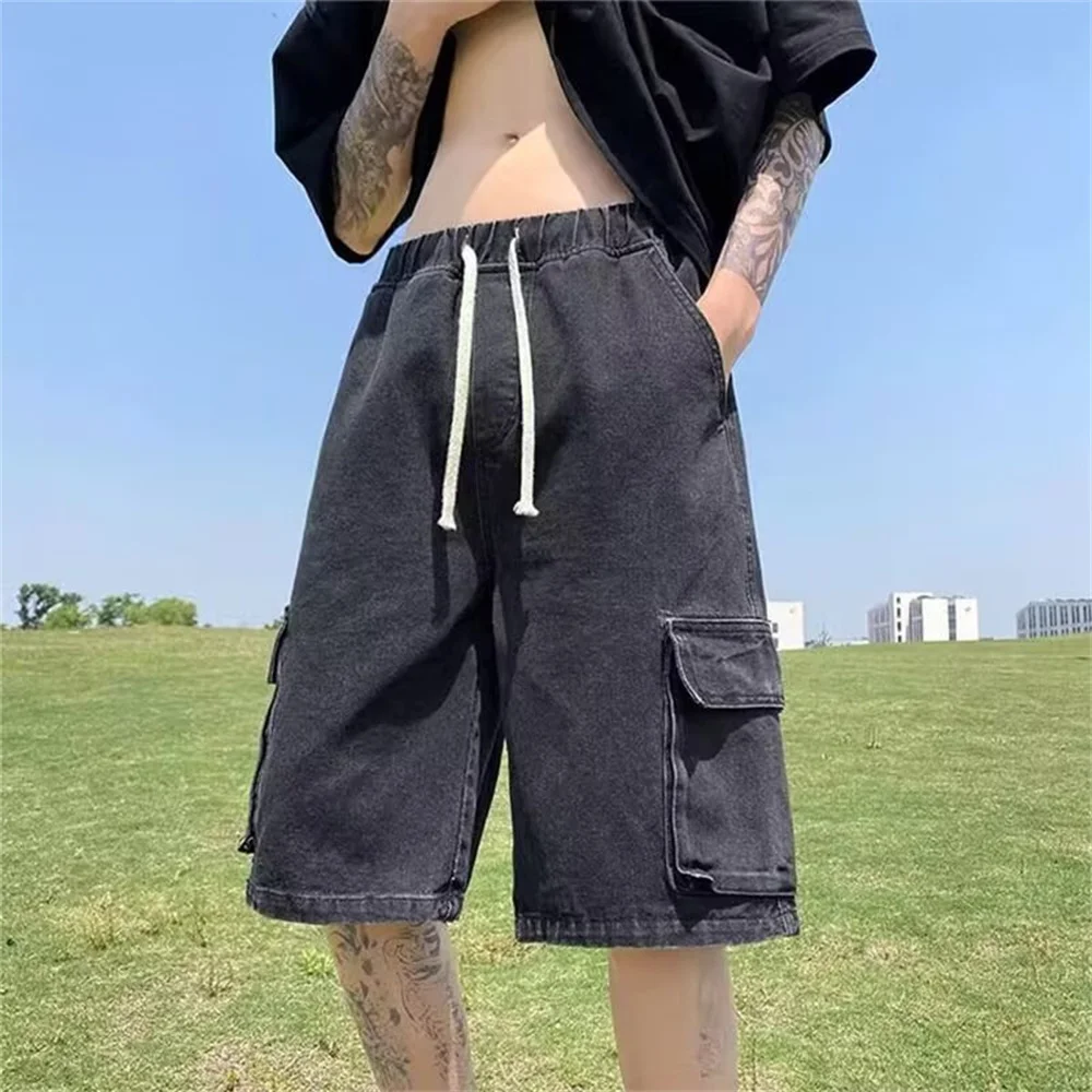 Women's Light Blue Denim Shorts Loose Wide Leg Casual Jean Shorts Multi Pocket High Waist Summer Street Fashion Knee Length Pant