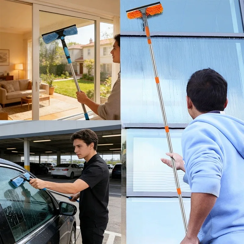 Extended Window Cleaning Kit 2 in 1 Double Sided Glass Squeegee Cleaner Duster Mop 180° Swivel Window Glass Cleaning Tools
