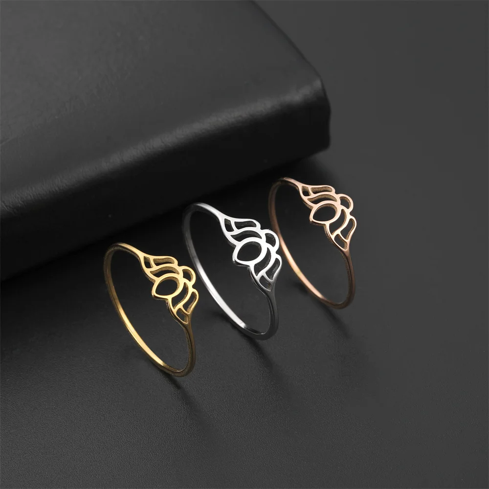 Hollow Plant Lotus Flower Rings For Women Stainless Steel Sliver Color Finger Ring Buddha Yoga Ring Valentine's Day Jewelry