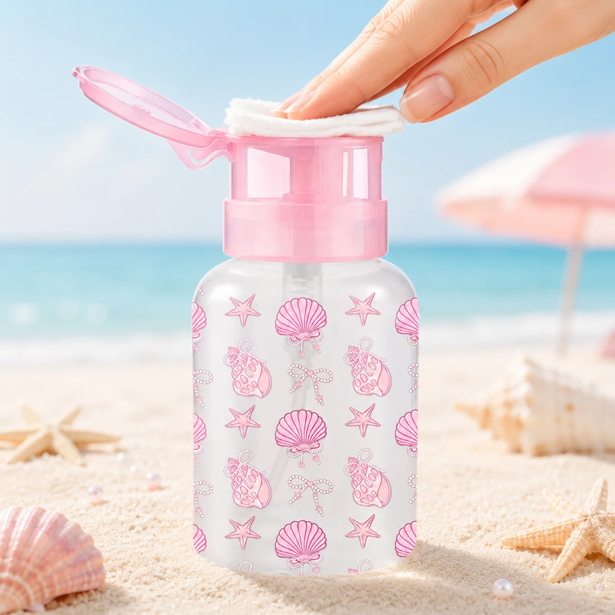 220ml Pink Shell Print Pump Dispenser Bottle Refillable Travel Container for Toner Makeup Remover Cotton Pads Nail Salon Women