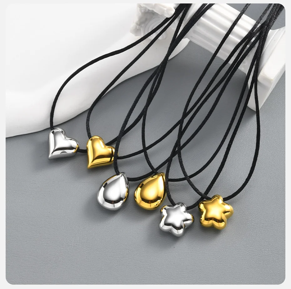 Vnox glänzende Tropfen-Herz-Anhänger-Halskette für Damen, unregelmäßige geometrische Metall-Wachsseil-Pulloverkette, Y2k-Schmuck – Detail 14