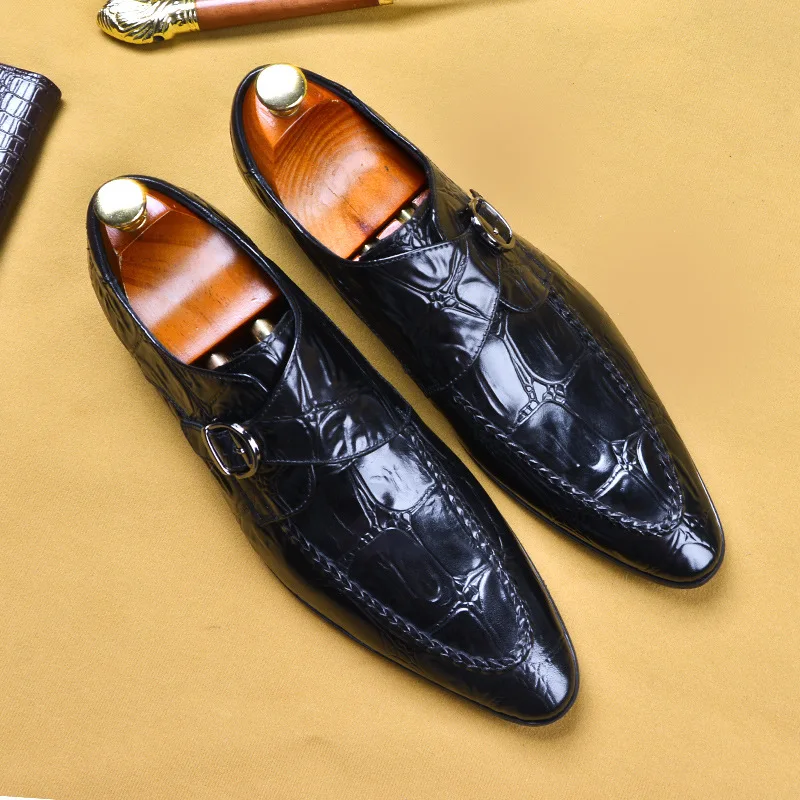 HKDQ Genuine Leather Luxury Man Loafers Monk Strap Men Formal Dress Shoes Fashion Business Wedding Crocodile Pattern Oxford Shoe