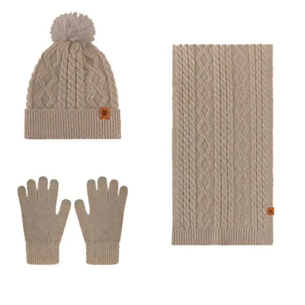 Thermal Protection 3-Piece Set Hat Scarf Gloves Set Twist Thermal Winter Beanie Hat Simple Soft Knitted Hat Cold Weather