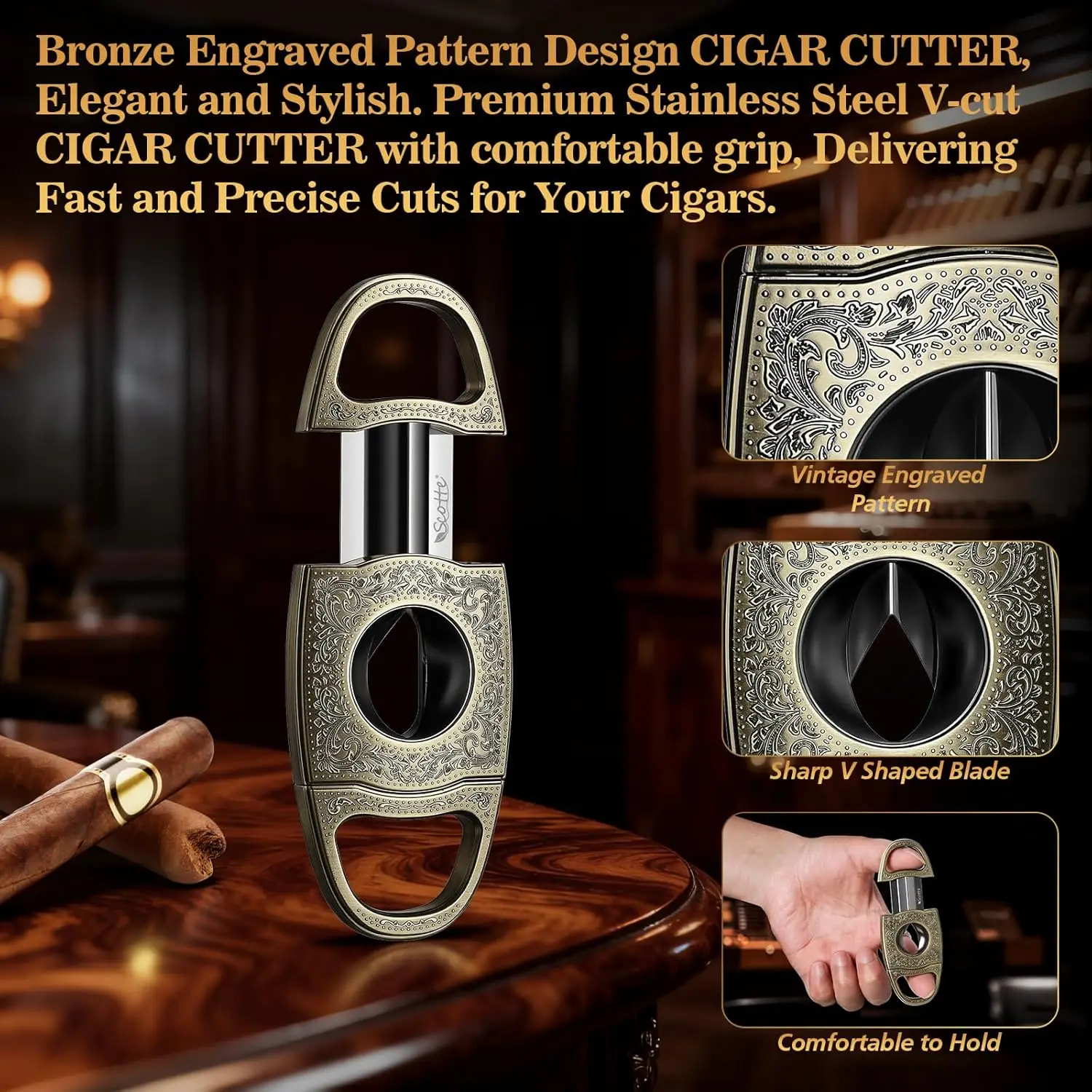 Cigar Cutter,Bronze Engraved V Cut Cigar Cutter Guillotine,Stainless Steel Blade Sharp Cigar Clippers,Cigar Accessories for Men