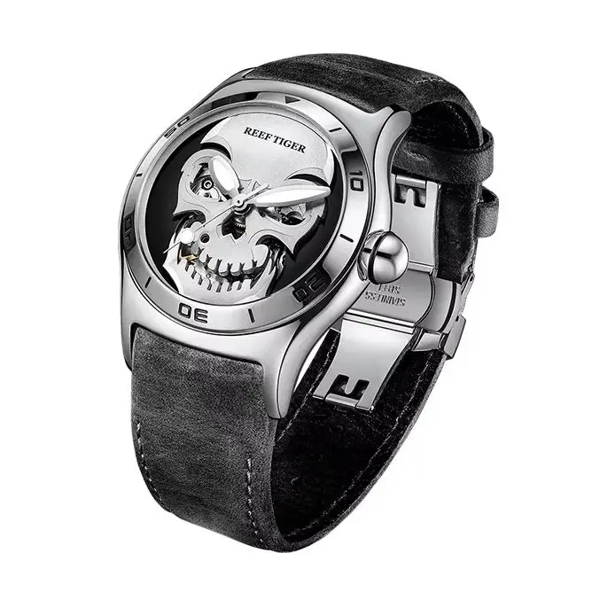 Reef Tiger Men Automatic Watch 44mm Mechanical Wristwatch Sport Waterproof Skeleton Skull Dial Bubble Mirror