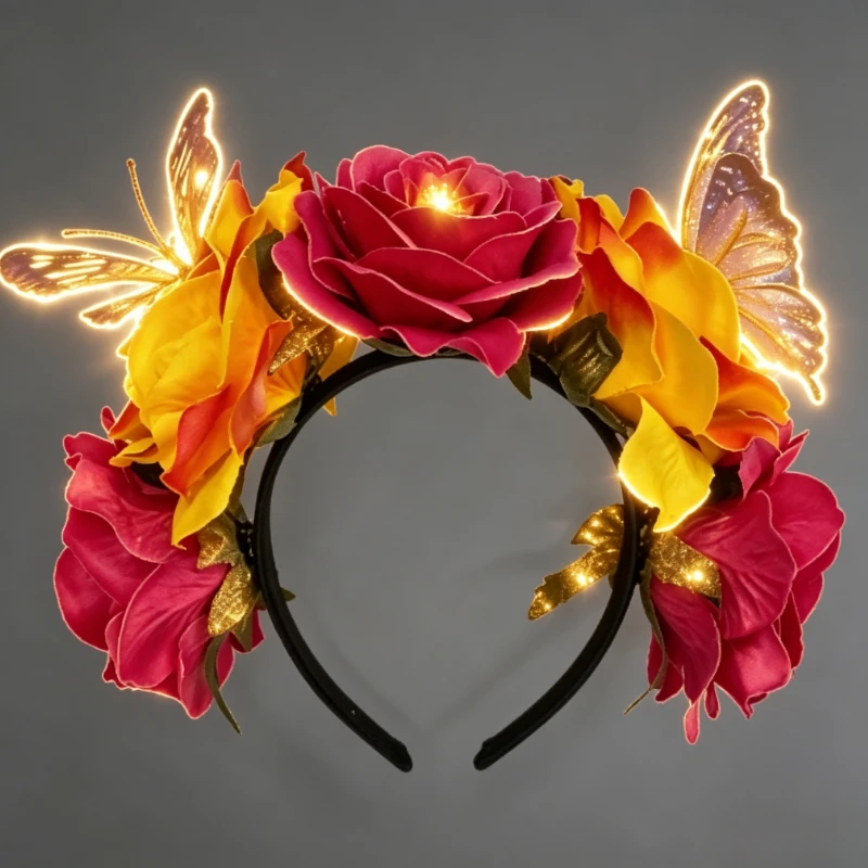 Glowing Day of the Dead Black Rose Halo Crown for Women Gothic Led light up Vampire Headpiece with Butterfly for Halloween Party