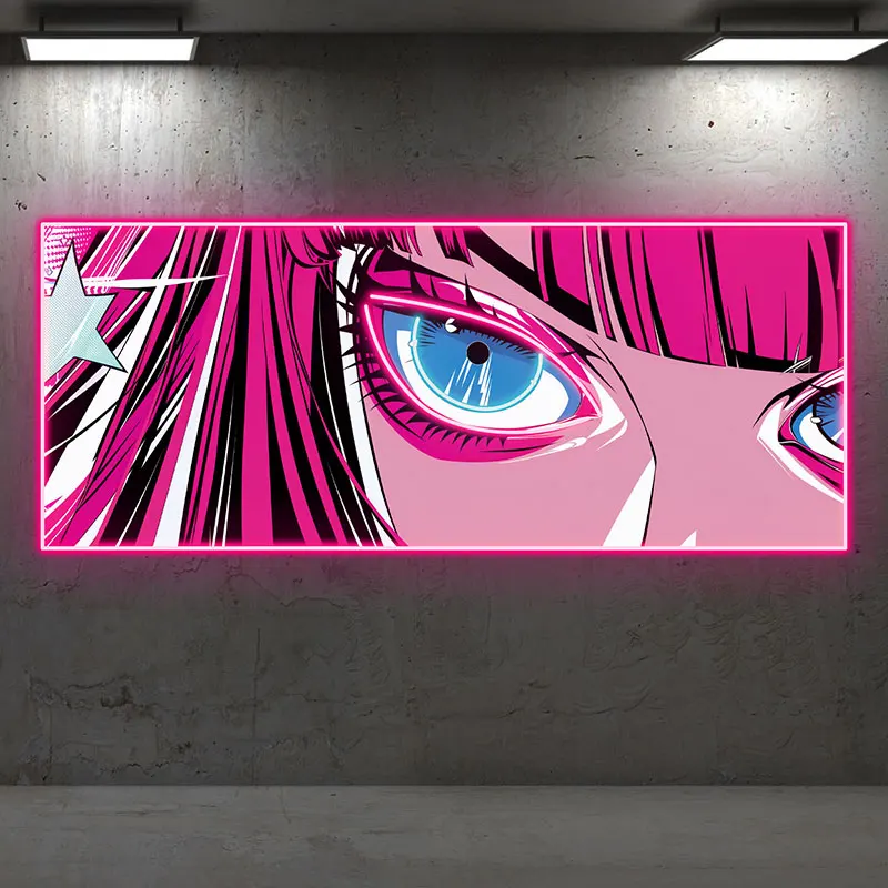 Anime Neon LED Wall Art, Pink Hair and Blue Eyes, Manga-Inspired Design, Modern Pop Art for Game Room, Unique Gift for Anime Fan