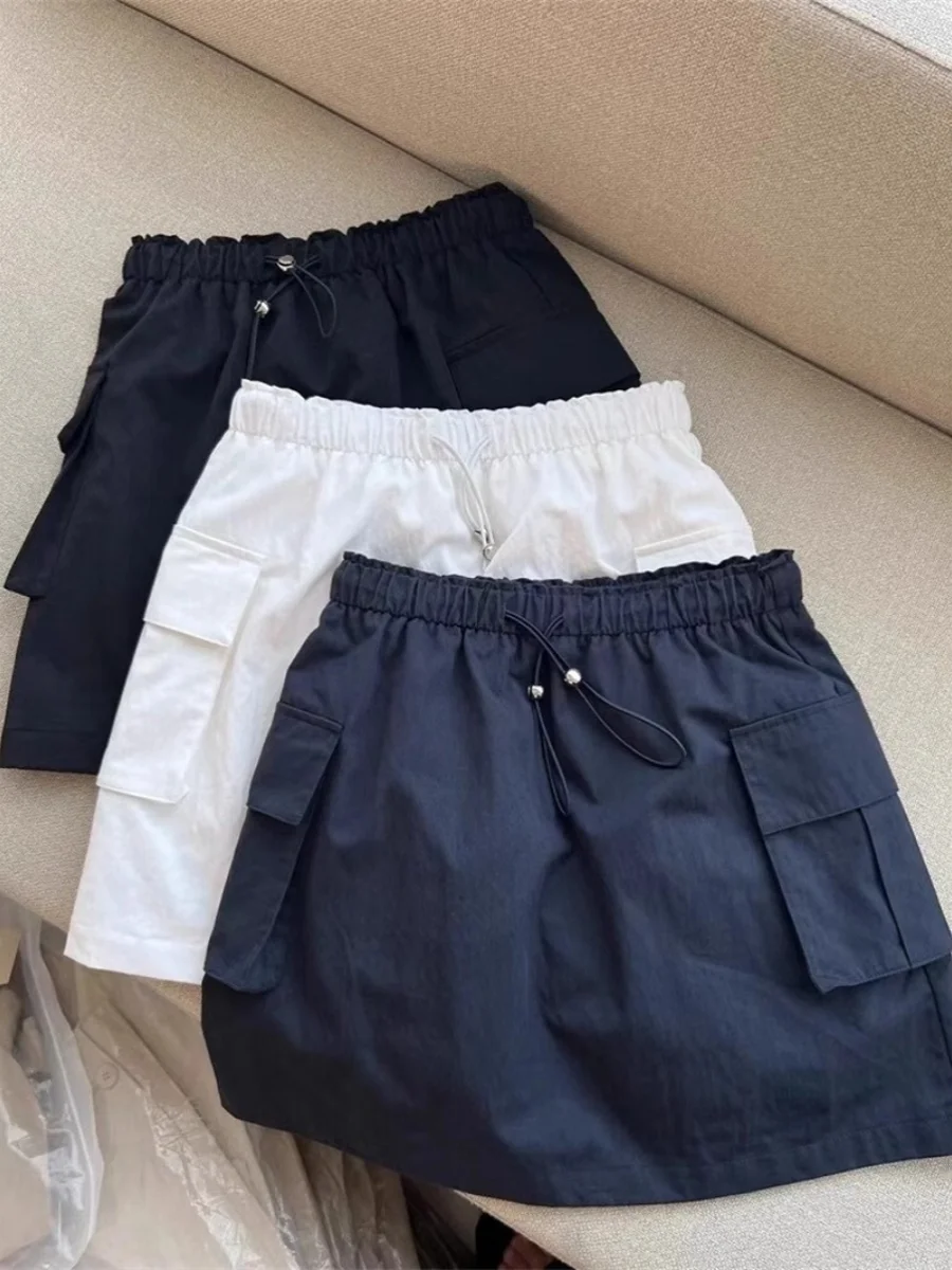 

Стильная женская юбка А-силуэта в корейском стиле с карманами, повседневная, с высокой талией, на резинке и со шнурком, универсальная, короткая