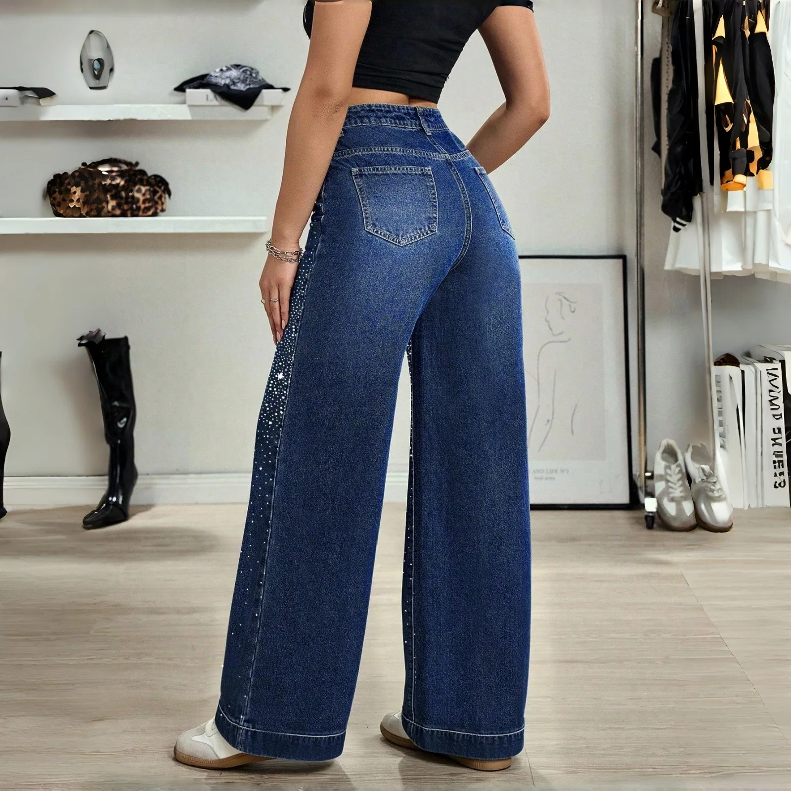 Ladies Heavy Industry Wide Leg Jeans Starry Sky Print Trendy Casual High Waist Straight Leg Trousers