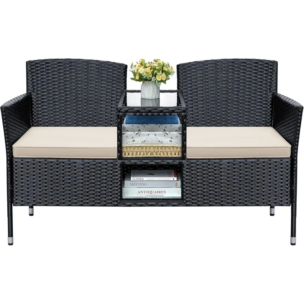 

Уличный комплект из плетеной мебели с подушками и встроенным столиком для патио, сада, заднего двора - бежевый