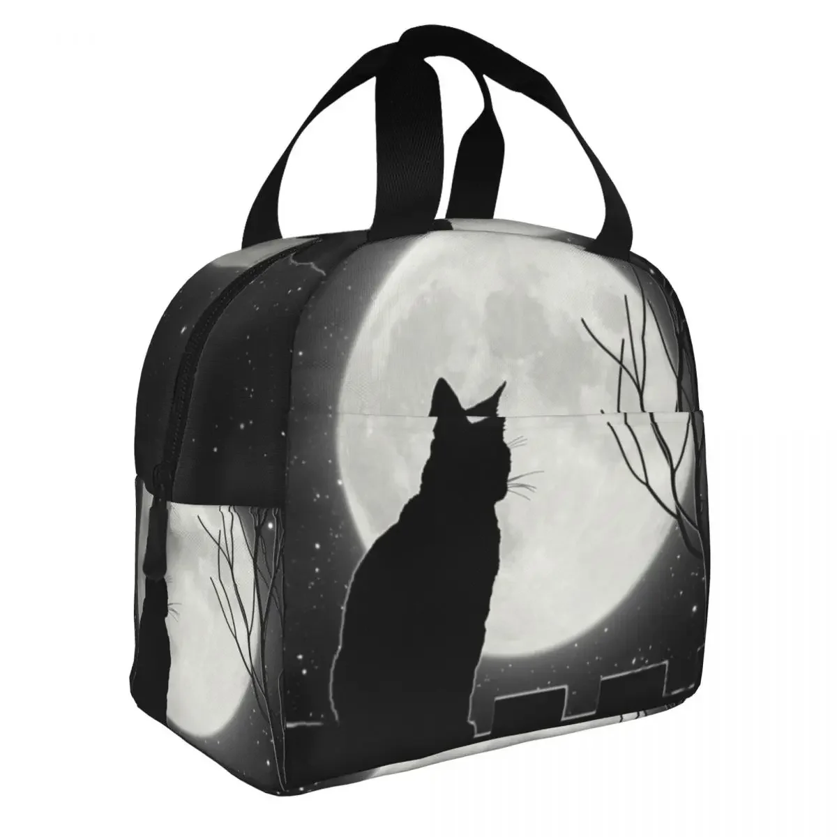 Black Cat Looking At The Full Moon Insulated Lunch Tote Bag for Women Animal Cartoon Portable Thermal Cooler Bento Box