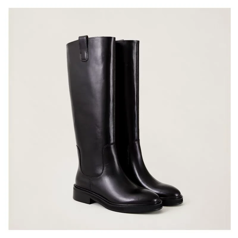 Luxury Plus Size 34-46 Cow Leather Round Toe Med Heels Long Riding Boots Slip On Winter Shoes Retro Casual Brand Knee-high Boots