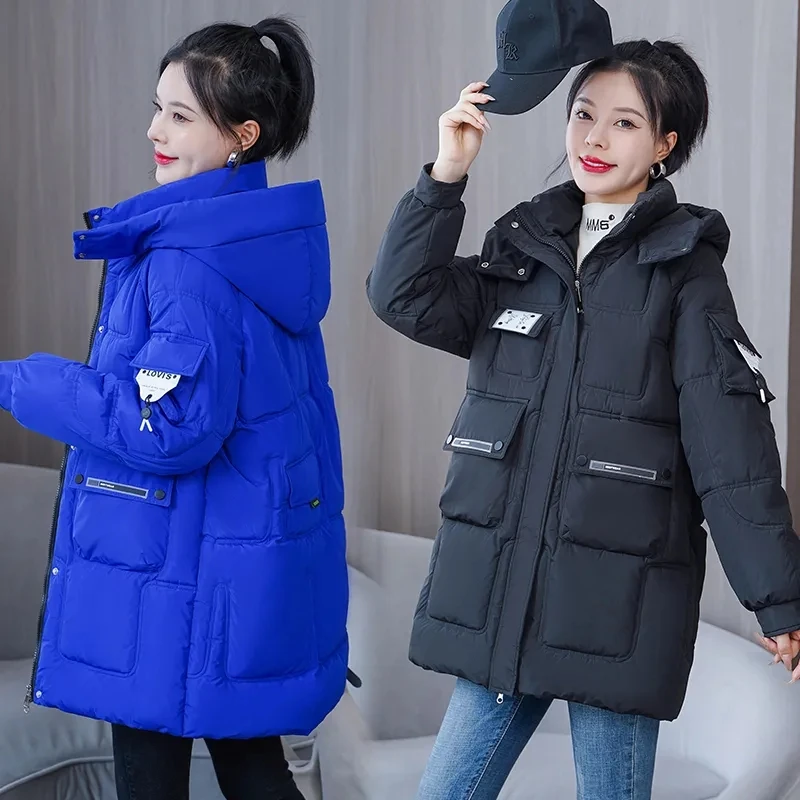 

Women Solid Color Big Pocket Hooded Jacket Casual Medium Long Parka Autumn Winter Rhombic Lattice Loose Coat Clothes