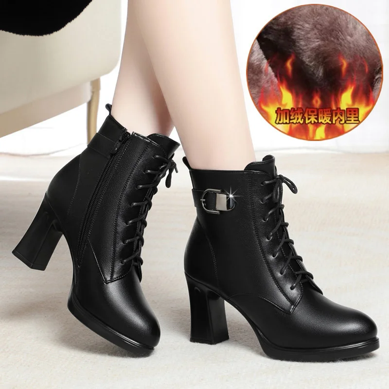 Winter Women Mon Cotton Shoes Retro Lace Up Chunky Thick Heels Ankle Boots Korean Version Black Plush Warm Platform Boots