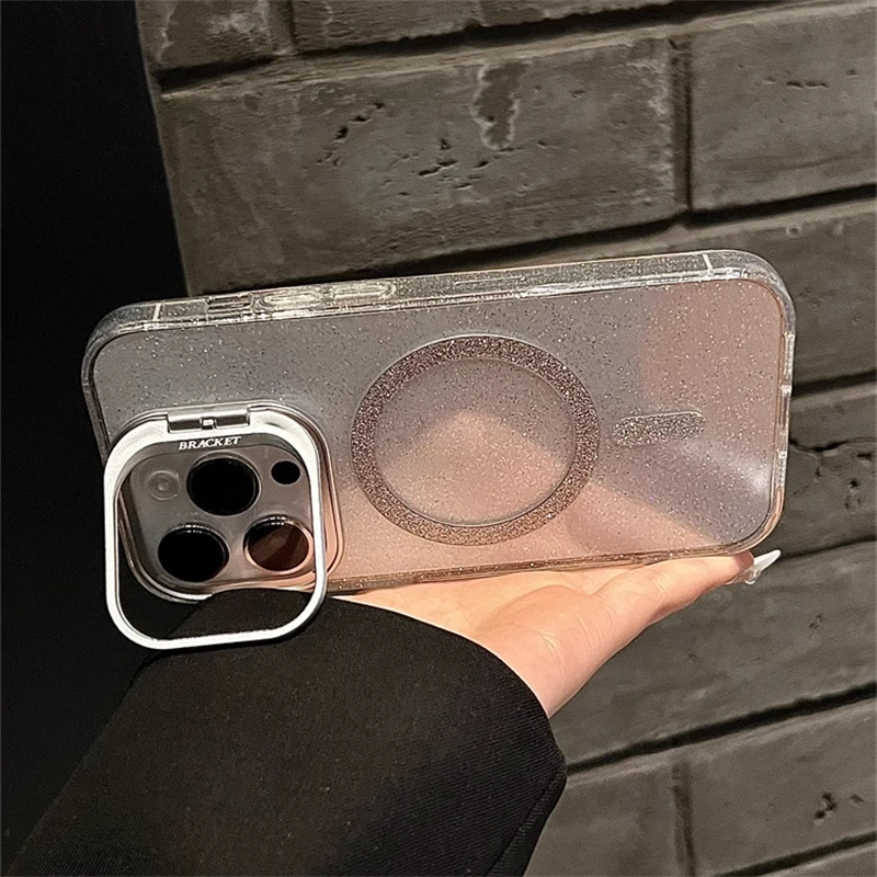 For Magsafe Magnetic Wireless Charge Glitter Clear Case For iPhone 15 14 13 12 11 Pro Max Camera Folding Holder Shockproof Cover