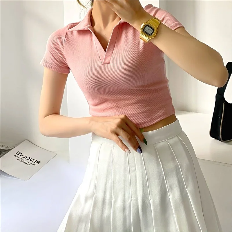 Slim Fit ort Sve T-irt Women's Summer V-ne  Collar  Navel Tight Top Street Sle Casual Wear Pure Color