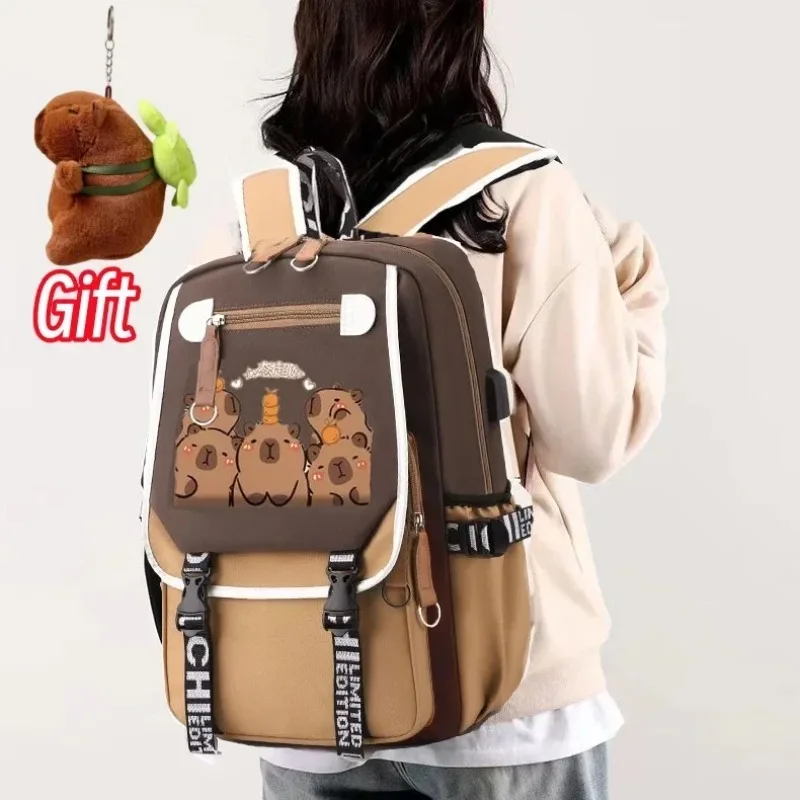 Large Capacity Adjustable Strap Multifunctional Schoolbag Cute Capybara Schoolbag Waterproof Student Computer Bag Free Pendant