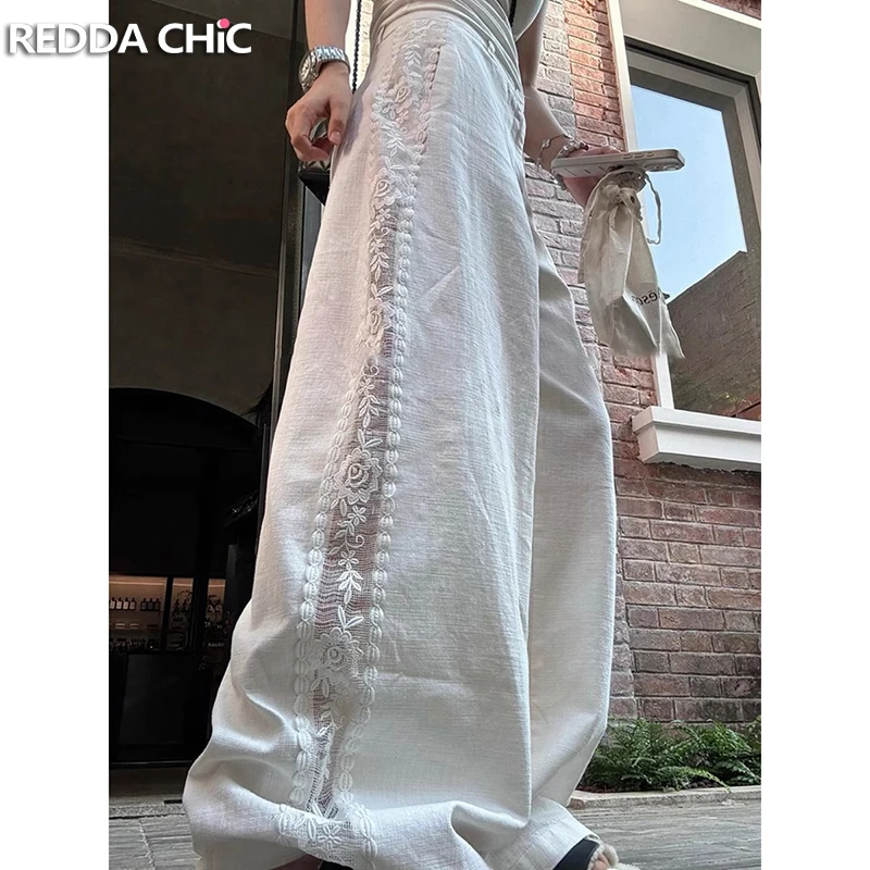 

REDDACHiC Coquette Stitching Floral Lace White Pants Cotton Cozy Pockets Hollow Out Casual Wide High Rise Trousers Women Clothes