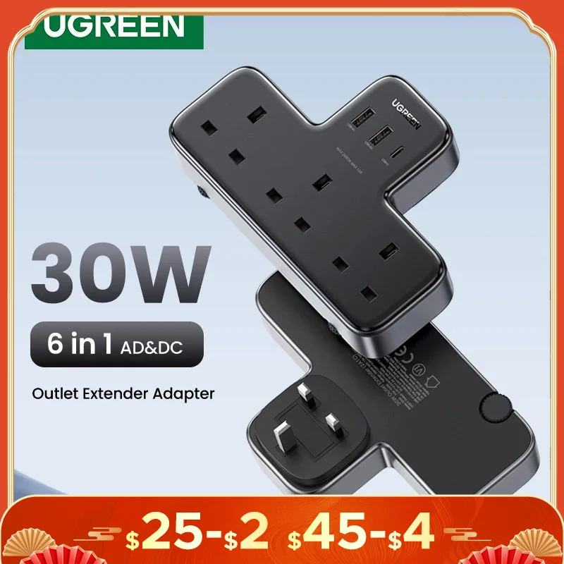 UGREEN 30W UK Plug Desktop Charger Power Strip Outlet Extension Adapter For iPhone 15 14 Pro Max Xiaomi Wall Fast Charger AD DC