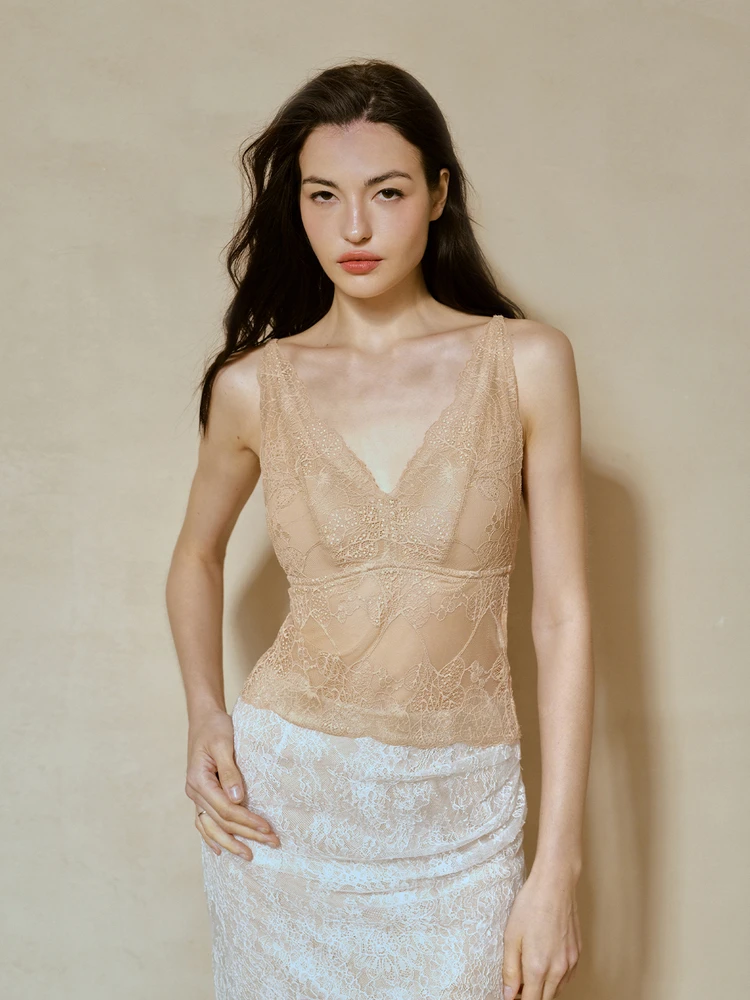 

Daily Romance Lace Ba Underwear Hollow out Tulip Skin Color French Sle Women's Slim Fit Tank Top Inner Wear Single Piece