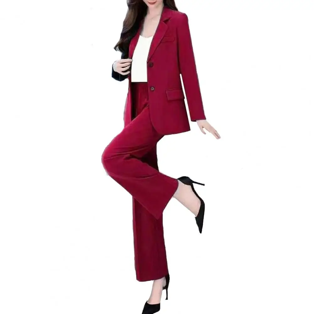 Women Trousers Set Long-sleeved Coat Wide-leg Pants Elegant Women's Business Suit Set with Lapel Button Closure for Plus