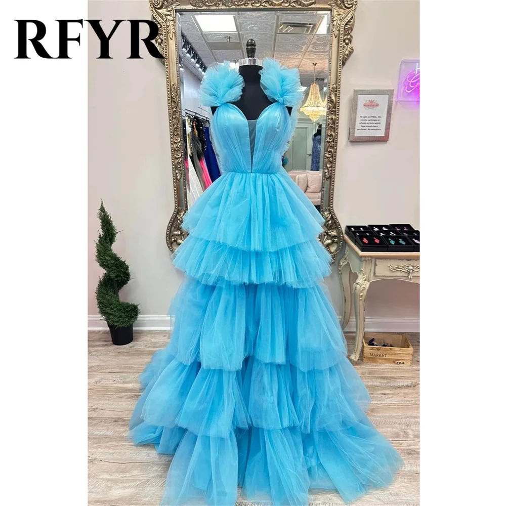 

RFYR Blue Prom Dress Plunging V-Neck Sleeveless Evening Dress Ruffles Multi-Layers Tulle فستان سهرة Floor Length Party Dress