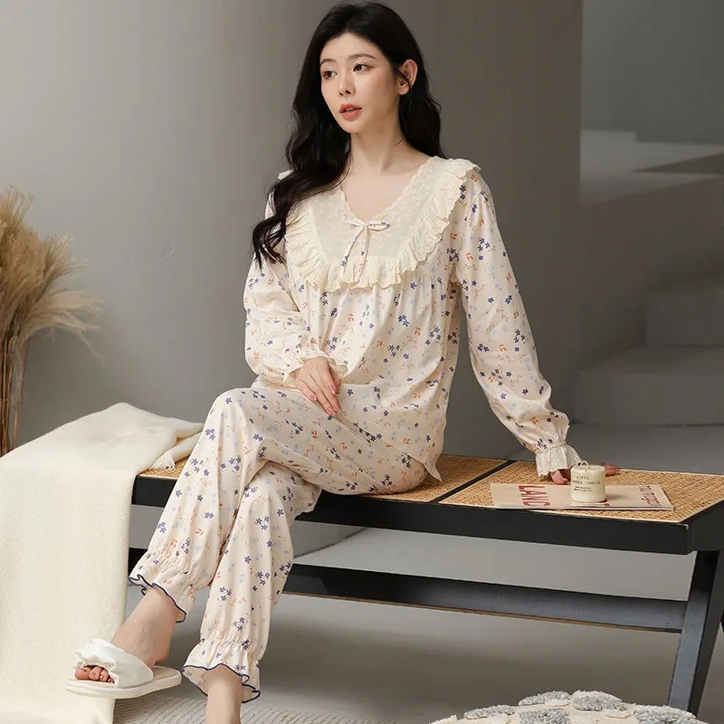 2024 New Pajamas Women Spring Autumn Pure Cotton Large Size Long Sleeve Sweet Sleepwear Set Casual Fashion V-neck Homewear Suit